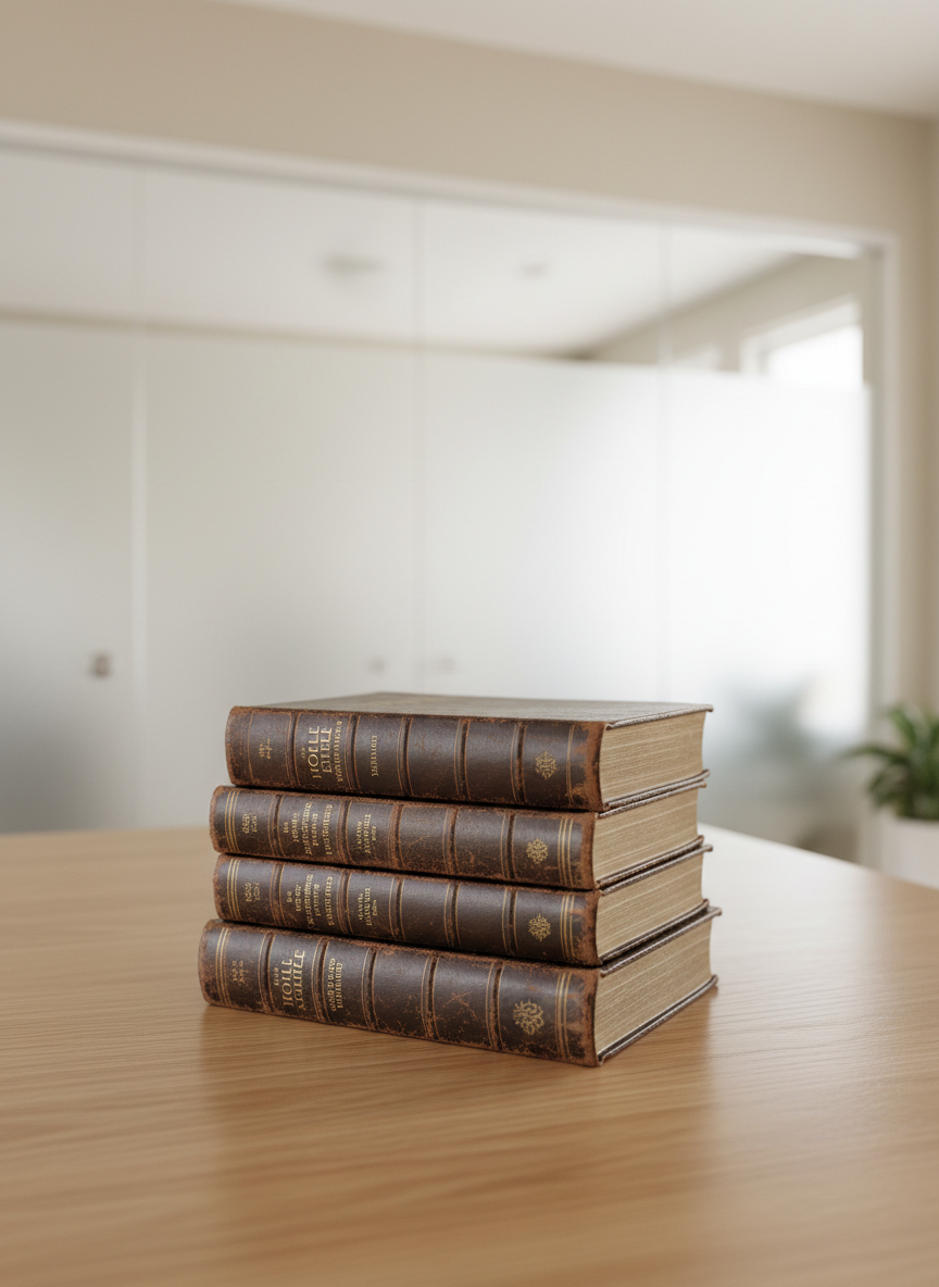 A meticulously arranged stack of worn, leather-bound Bibles with subtle gold embossing on their spines, set atop a smooth, clean oak table with a matte finish. The environment is a bright, minimalist room with pale neutral walls and large frosted glass panels, allowing soft, natural daylight to fill the space without any harsh shadows. The lighting gently highlights the textures of the leather and the grain of the wood, evoking a calm, contemplative mood. The composition uses a centered, slightly elevated perspective and a shallow depth of field, ensuring the stack is in crisp focus against a gently blurred background. The photographic realism and clean, modern aesthetic reflect the site's professional, structured atmosphere and reinforce the focus on biblical ministry resources.