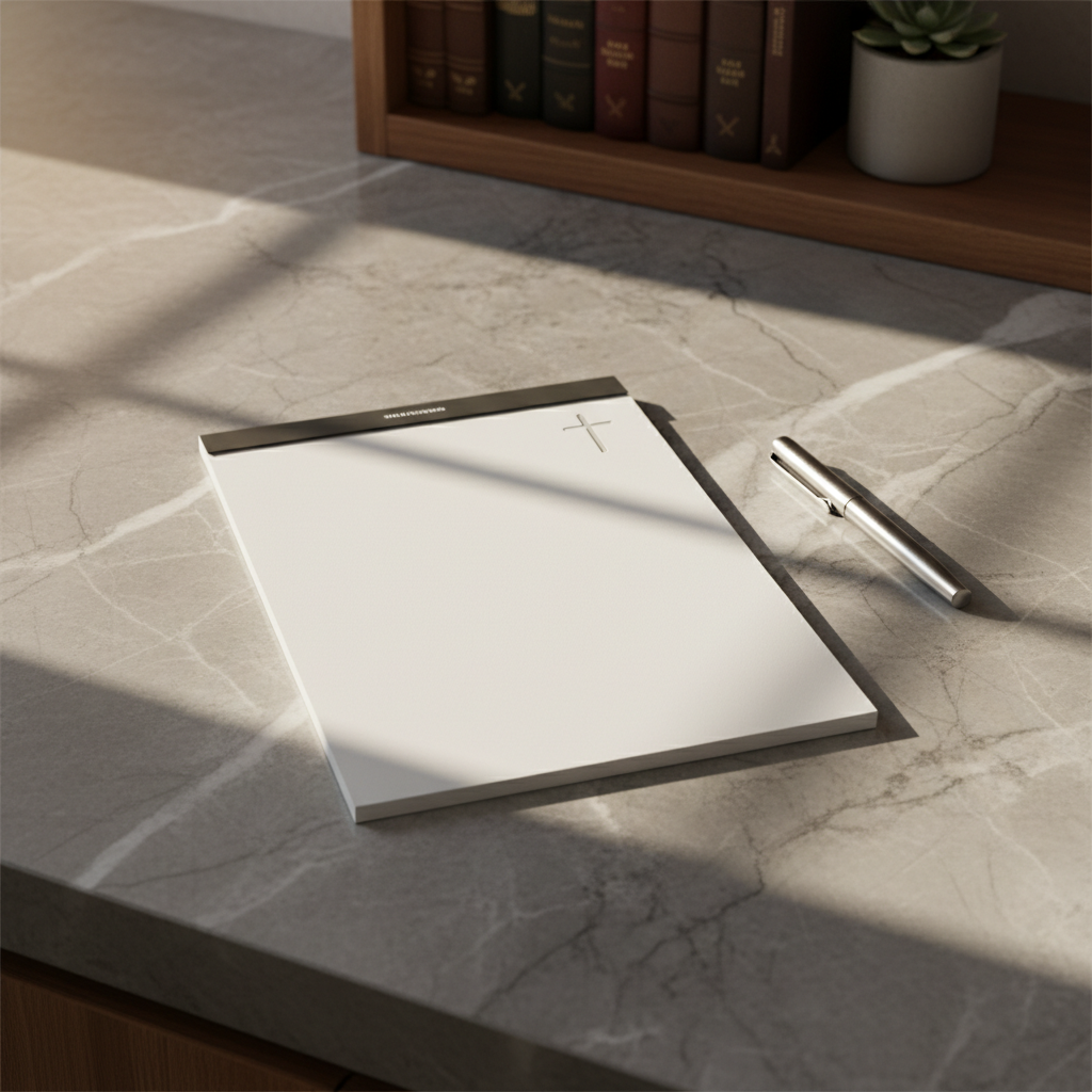 A pristine, undisturbed white notepad embossed with a discreet silver cross in the corner, accompanied by a sleek brushed-steel pen positioned neatly on a smooth stone countertop in a quiet, sunlit study. The light streams in from an unseen window, creating soft geometric highlights and subtle, orderly shadows that emphasize the notepad’s clean edges and the counter’s natural veining. The mood is serene and purposeful, hinting at moments of private reflection or structured vision-casting. Shot from an eye-level perspective with a wide, balanced frame and a photographic, minimalist style, the image suggests both professionalism and the deeply personal work behind the ministry.