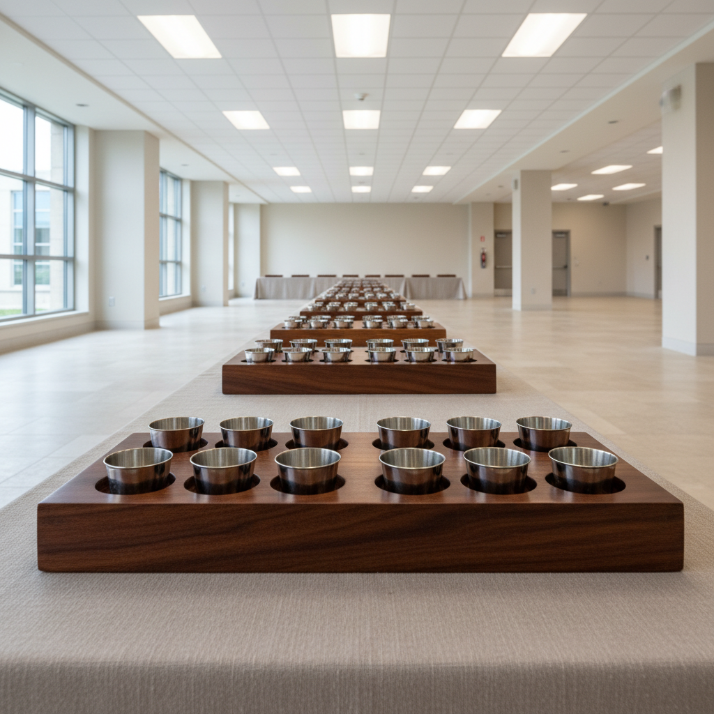 A carefully arranged set of polished wooden communion trays, each holding a single row of gleaming silver cups, placed in perfect alignment on a long, neutral linen-covered table. The surrounding environment is a bright, modern multipurpose hall with pale stone flooring and minimalist architectural lines. Fluorescent overhead lighting ensures even, shadow-free illumination, subtly reflecting off the cup surfaces and emphasizing the smooth wood grain. The composition uses a rule-of-thirds approach, photographed from a low, frontal angle to create inviting depth, producing a calm, reverent atmosphere that underlines the core rituals in biblical disciple-making within correctional settings.