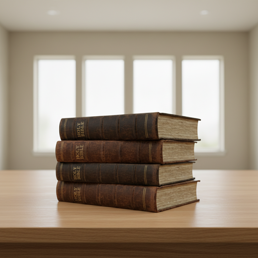 A meticulously arranged stack of worn, leather-bound Bibles with subtle gold embossing on their spines, set atop a smooth, clean oak table with a matte finish. The environment is a bright, minimalist room with pale neutral walls and large frosted glass panels, allowing soft, natural daylight to fill the space without any harsh shadows. The lighting gently highlights the textures of the leather and the grain of the wood, evoking a calm, contemplative mood. The composition uses a centered, slightly elevated perspective and a shallow depth of field, ensuring the stack is in crisp focus against a gently blurred background. The photographic realism and clean, modern aesthetic reflect the site's professional, structured atmosphere and reinforce the focus on biblical ministry resources.